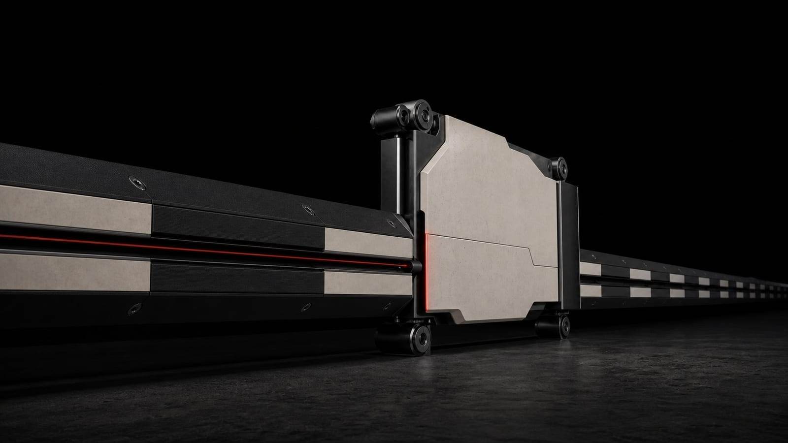 A long operational rail stopped at a monumental bone-white mechanical approval gate.