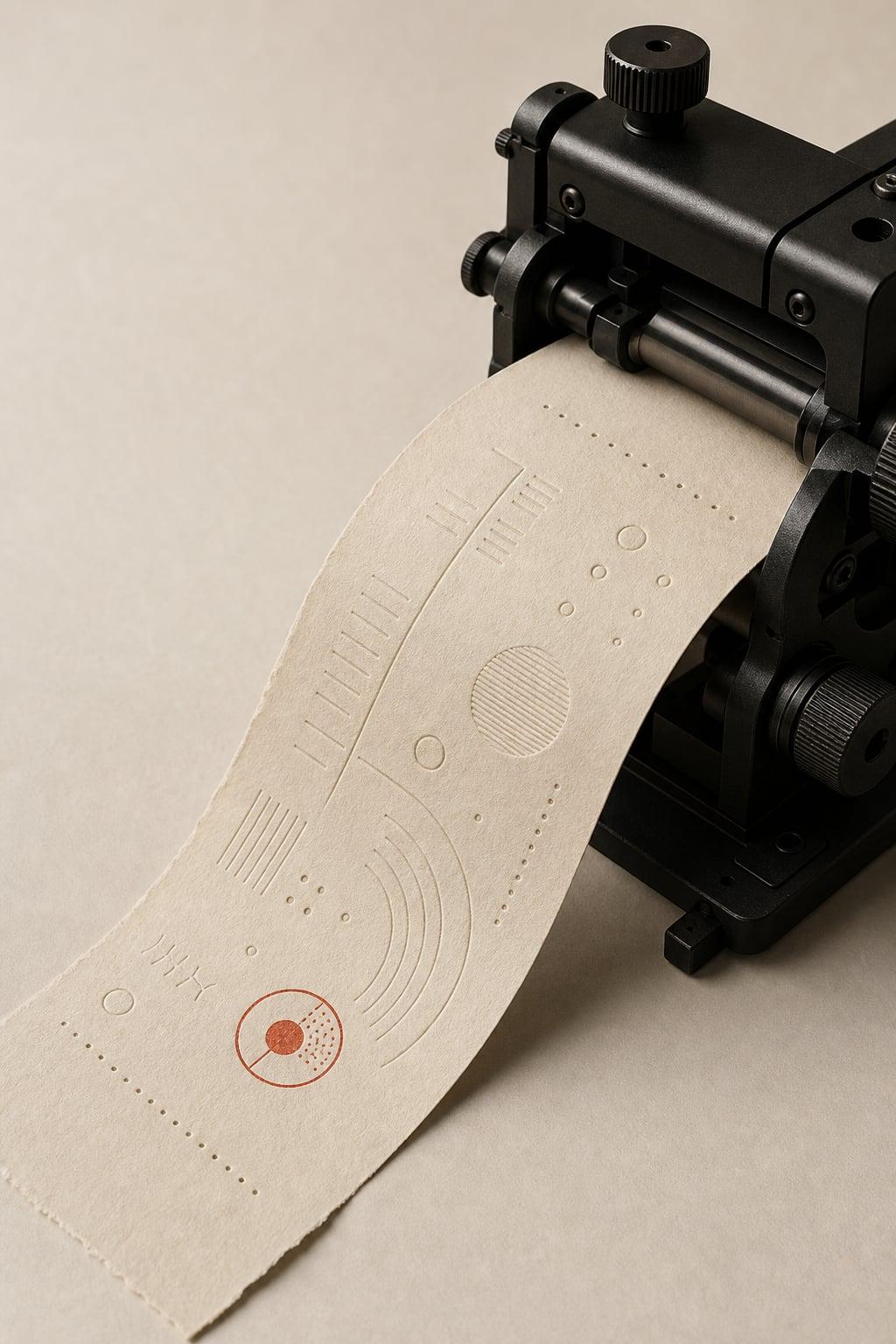 A precision mechanism feeding an embossed engineering trace on bone paper.
